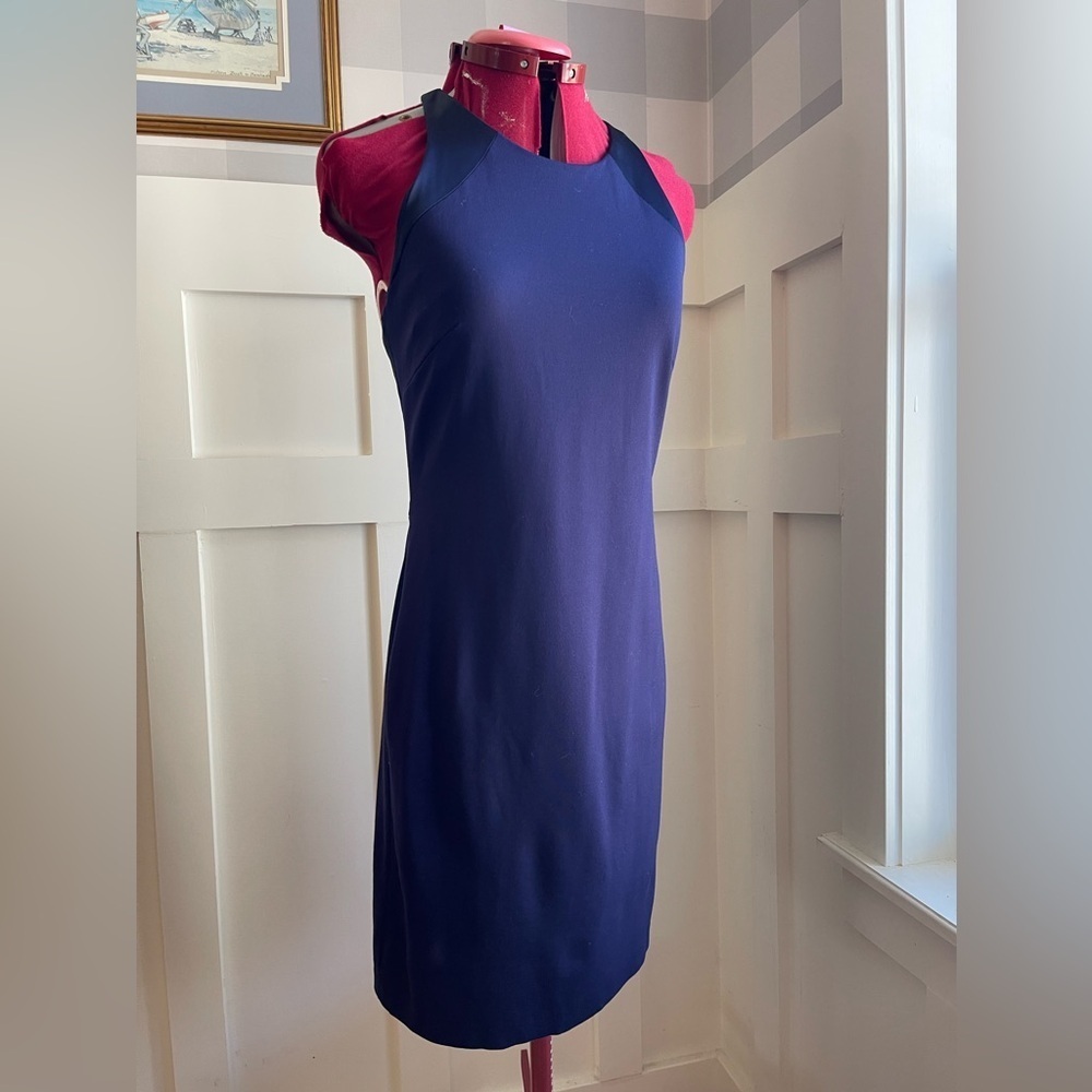 Halston Designer Navy Blue Midi Dress Size 8 Minimalist Chic